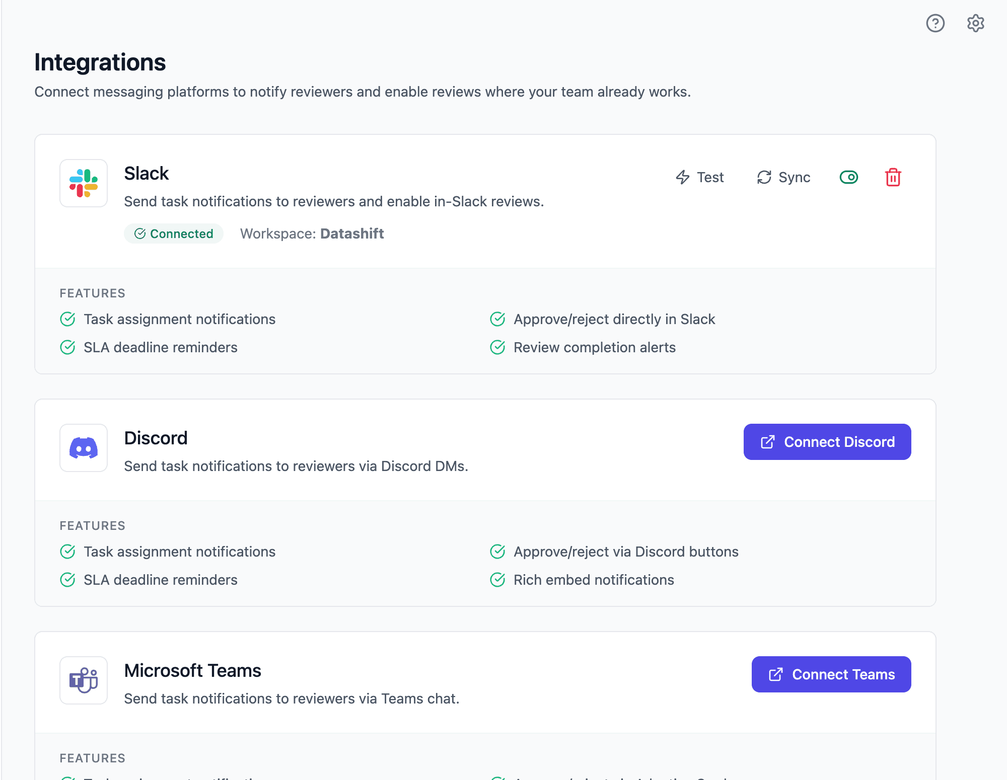 Datashift integrations page showing Slack, Discord, and Microsoft Teams connections for routing reviews to messaging platforms